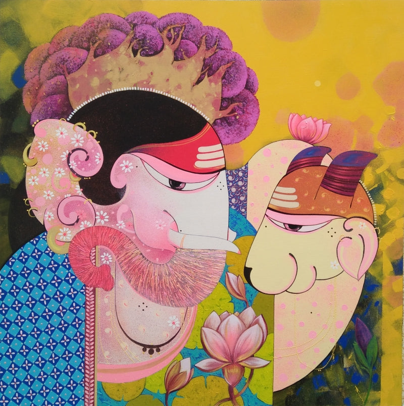 'Ganesha 13' religious acrylic painting by artist Pritam Chivate, 36x36 inch, on canvas