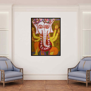 In-situ view of Manu Parekh's 'Ganesha 2 (Ganesha with Floral Offerings) (Ganesha Golden Celebration)' painting in a room