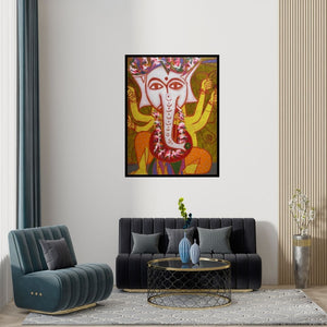 Preview of 'Ganesha 2 (Ganesha with Floral Offerings) (Ganesha Golden Celebration)' Painting by Manu Parekh shown on a wall in a furnished room.