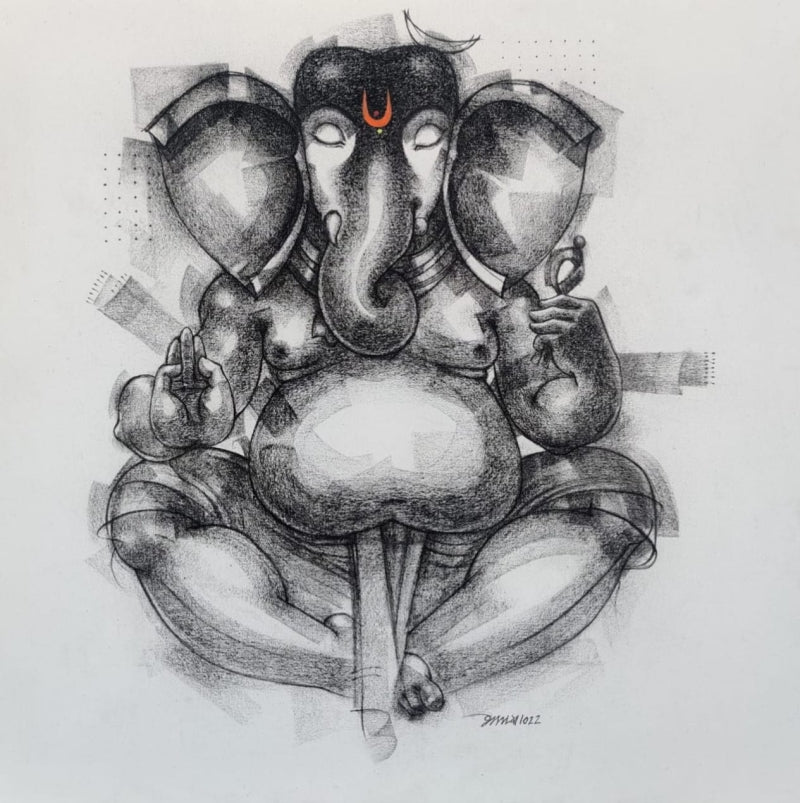 Ganesha 2' religious charcoal painting by artist Sanjay Bhalerao, 30x30 inch, on canvas