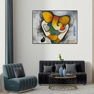 Om Swami's 'Ganesha 2 (Blessings of Ganesha)' painting visualized above a sofa in a contemporary room.