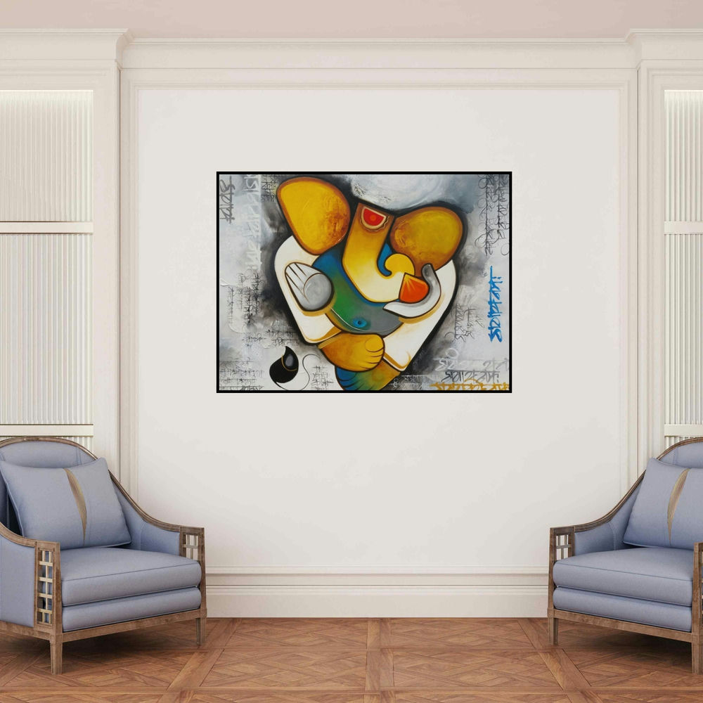 'Ganesha 2 (Blessings of Ganesha)' painting by Om Swami shown on a wall in a furnished room.