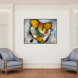 'Ganesha 2 (Blessings of Ganesha)' painting by Om Swami shown on a wall in a furnished room.