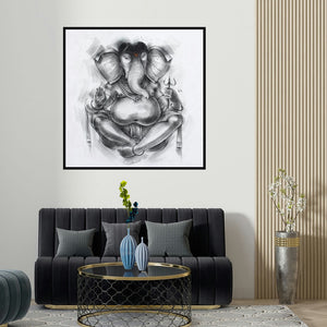 Sanjay Bhalerao's 'Ganesha 2 (Ganesha with Trident)' painting visualized above a sofa in a contemporary room.