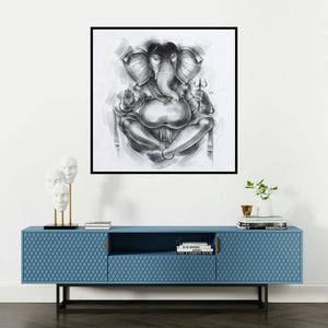 'Ganesha 2 (Ganesha with Trident)' painting by Sanjay Bhalerao shown on a wall in a furnished room.
