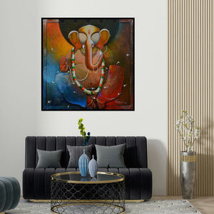 Anupam Pal's 'Ganesha (Blessings of Ganesha)' painting visualized above a sofa in a contemporary room.