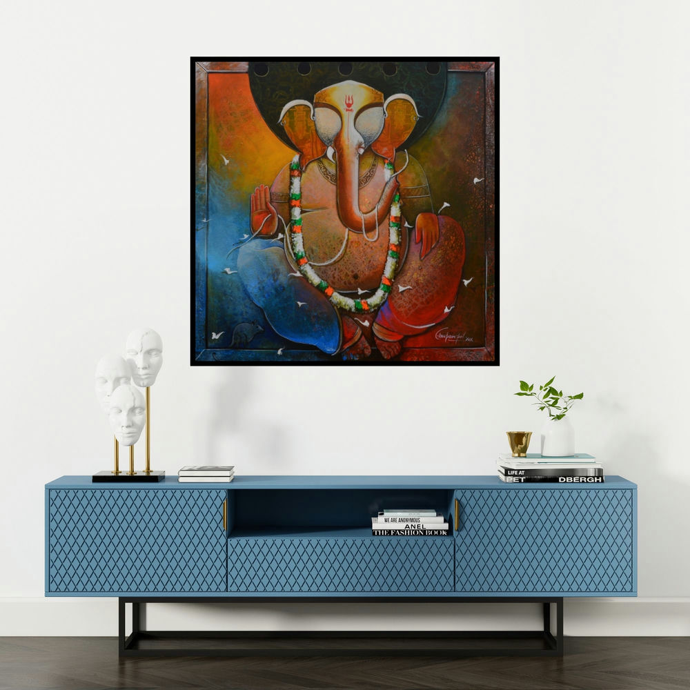 'Ganesha (Blessings of Ganesha)' painting by Anupam Pal shown on a wall in a furnished room.