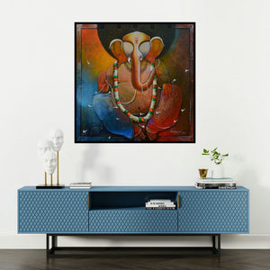 'Ganesha (Blessings of Ganesha)' painting by Anupam Pal shown on a wall in a furnished room.