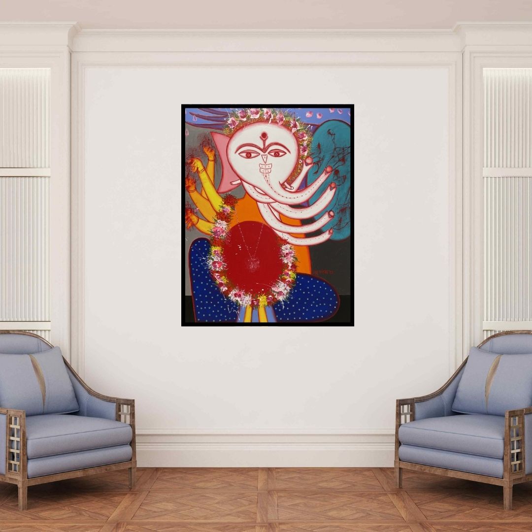 In-situ view of Manu Parekh's 'Ganesha 3 (Cosmic Dance) (Ganesha Vibrant Blessing)' painting in a room