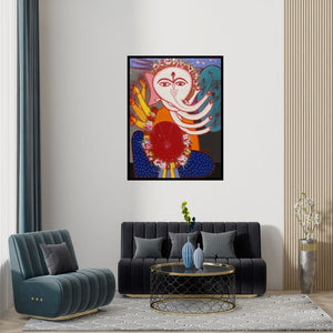 Preview of 'Ganesha 3 (Cosmic Dance) (Ganesha Vibrant Blessing)' Painting by Manu Parekh shown on a wall in a furnished room.