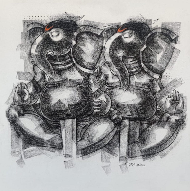 Ganesha 3' religious charcoal painting by artist Sanjay Bhalerao, 30x30 inch, on canvas