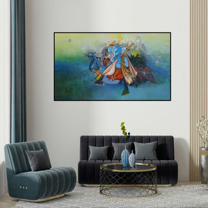 M Singh's 'Ganesha (Celestial Musician)' painting visualized above a sofa in a contemporary room.