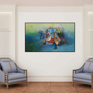 'Ganesha (Celestial Musician)' painting by M Singh shown on a wall in a furnished room.