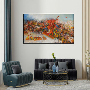 M Singh's 'Ganesha (Ganesha's City Serenade)' painting visualized above a sofa in a contemporary room.