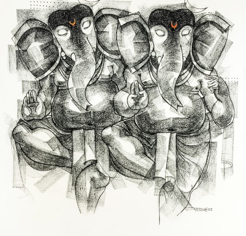 Ganesha 4' religious charcoal painting by artist Sanjay Bhalerao, 30x30 inch, on canvas