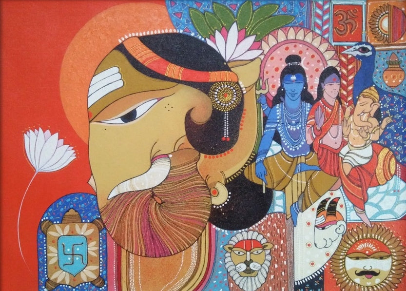 Ganesha 5' religious acrylic painting by artist Pritam Chivate, 18x18 inch, on canvas