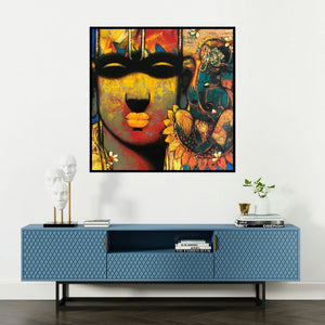 'Ganesha (Divine Harmony)' painting by Sujata Achrekar shown on a wall in a furnished room.