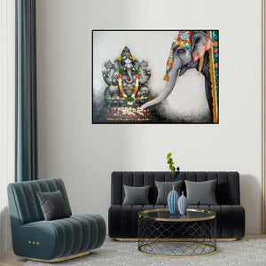 Siva Balan's 'Ganesha (Elephant and Ganesha)' painting visualized above a sofa in a contemporary room.