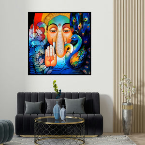 Sanjay Tandekar's 'Ganesha 6 (Ganesha and the Peacock)' painting visualized above a sofa in a contemporary room.