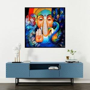 'Ganesha 6 (Ganesha and the Peacock)' painting by Sanjay Tandekar shown on a wall in a furnished room.