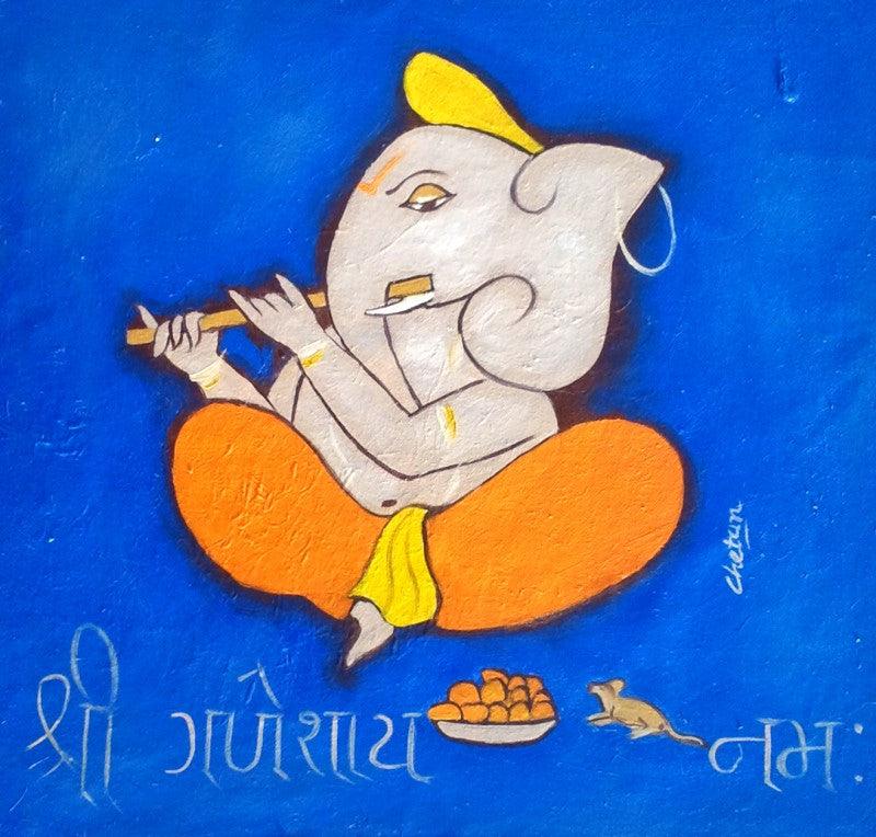 Religious oil painting titled 'Ganesha 6', 15x15 inches, by artist Chetan Katigar on Canvas