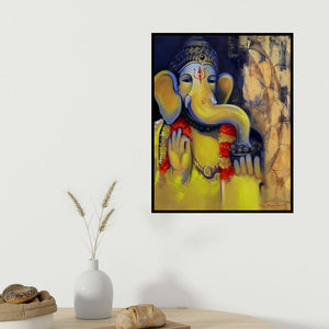 Solomon R's 'Ganesha (Cosmic Dance)' painting visualized above a sofa in a contemporary room.