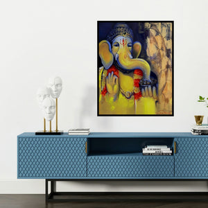 'Ganesha (Cosmic Dance)' painting by Solomon R shown on a wall in a furnished room.