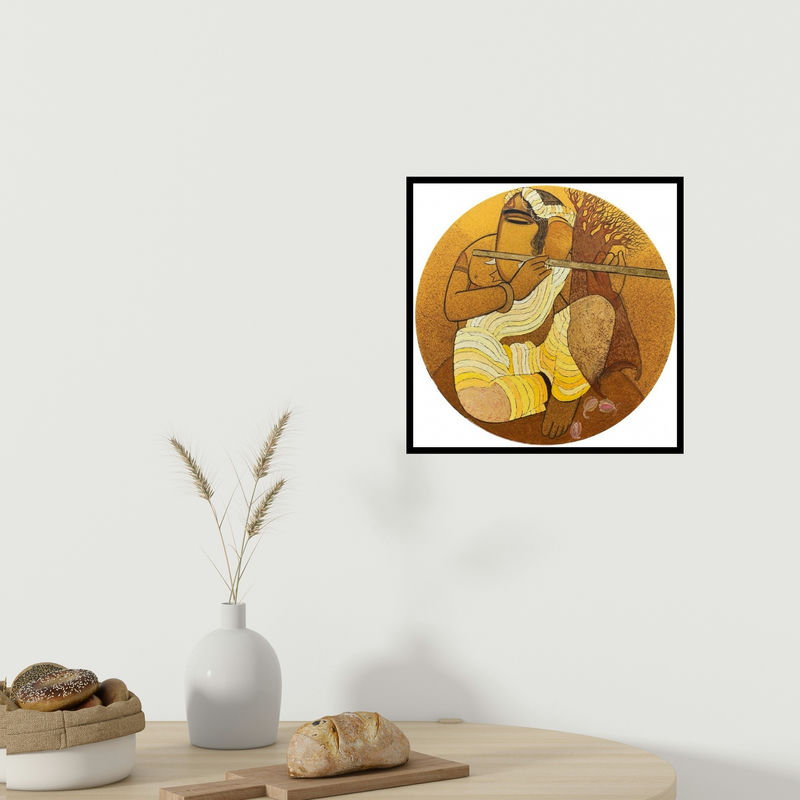 In-situ view of Siddharth Shingade's 'Ganesha (Krishna Playing Flute Under Tree)' painting in a room