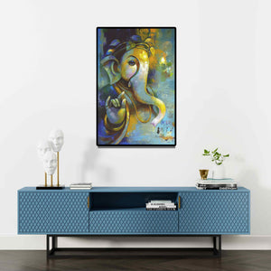 Sanjay Lokhande's painting 'Ganesha (Ganesh in Blue)' displayed in a modern living room setting