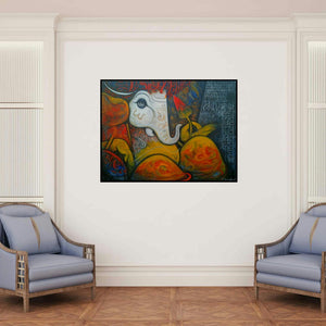 'Ganesha (Divine Script)' painting by Ramesh Gujar shown on a wall in a furnished room.