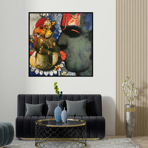 Sujata Achrekar's 'Ganesha (Divine Contemplation)' painting visualized above a sofa in a contemporary room.
