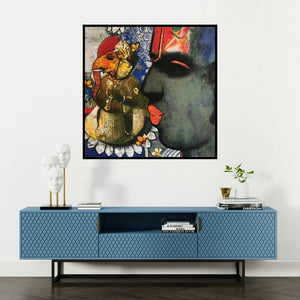 'Ganesha (Divine Contemplation)' painting by Sujata Achrekar shown on a wall in a furnished room.