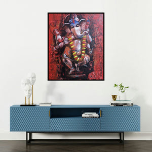 Jiban Biswas's 'Ganesha (The Dancing Ganesha)' painting visualized above a sofa in a contemporary room.