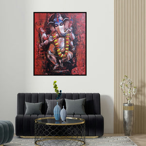 'Ganesha (The Dancing Ganesha)' painting by Jiban Biswas shown on a wall in a furnished room.
