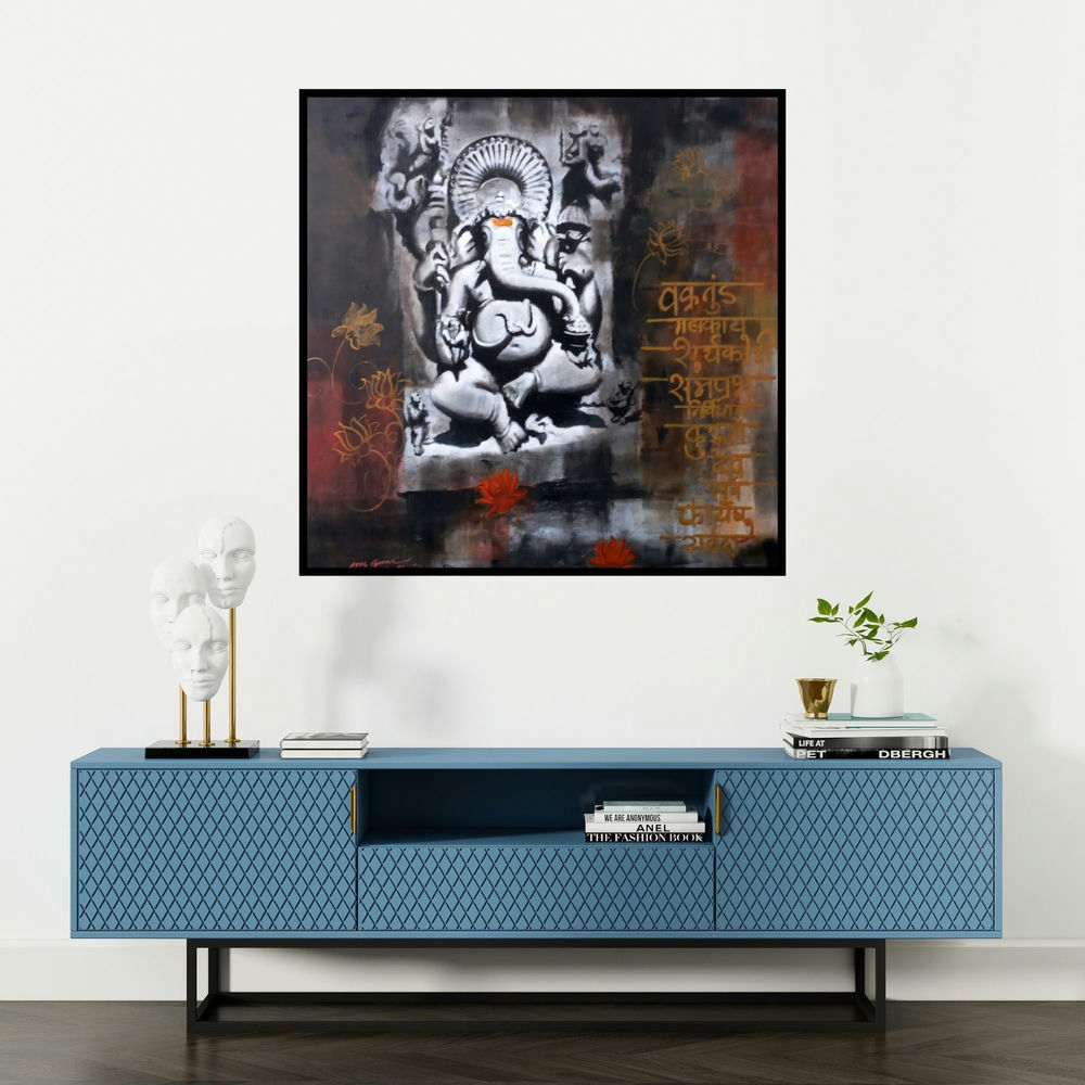 'Ganesha (Ganesha in Monochrome) (Ganesha Monochrome Majesty)' painting by Atul Gendle shown on a wall in a furnished room.
