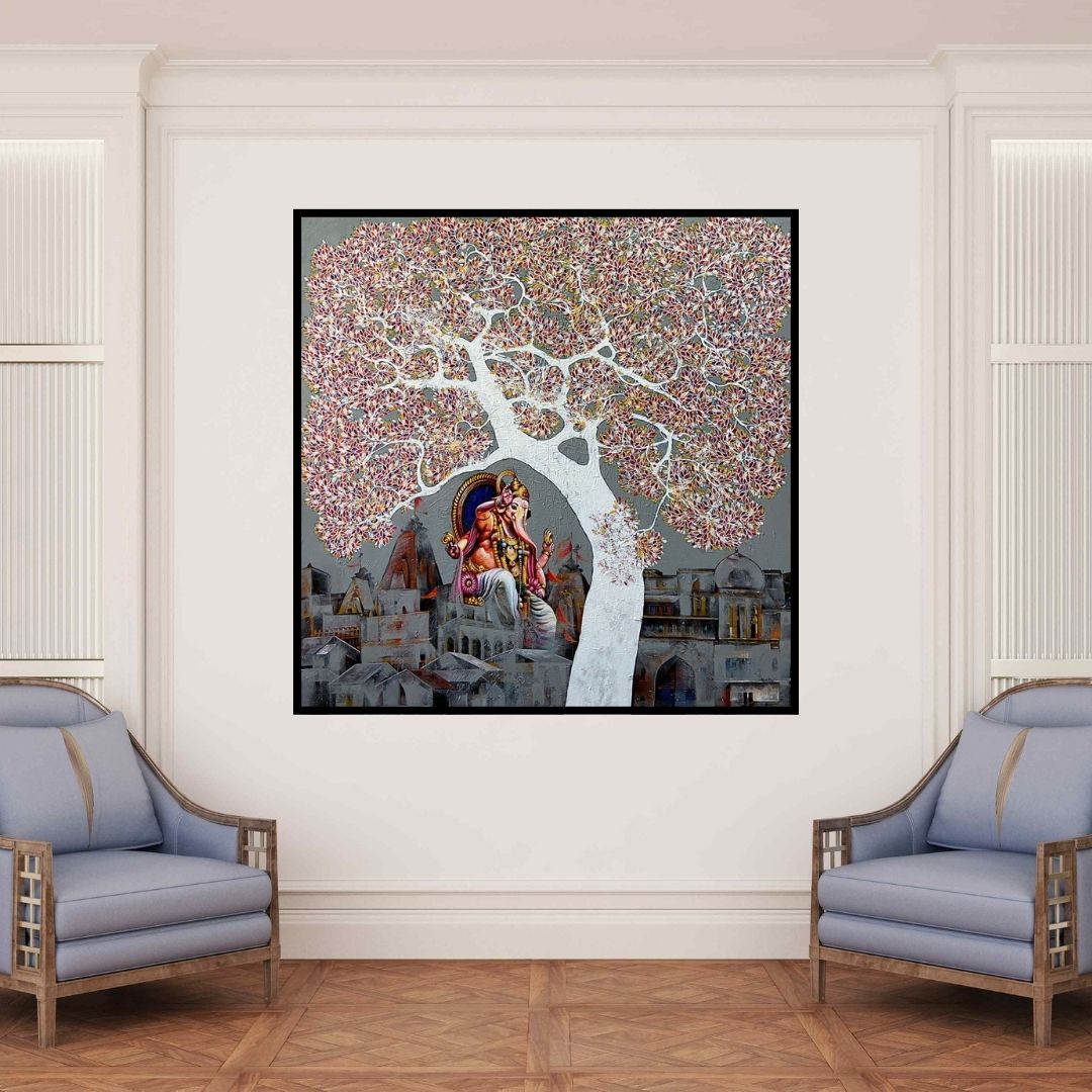 In-situ view of Bhaskar Rao's 'Ganesha (Urban Oasis)' painting in a room