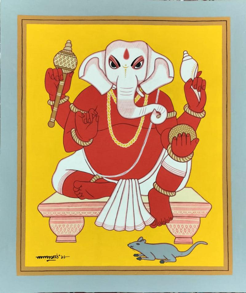Religious tempera painting titled 'Ganesha', 26x22 inches, by artist Lalu Prasad Shaw on Board