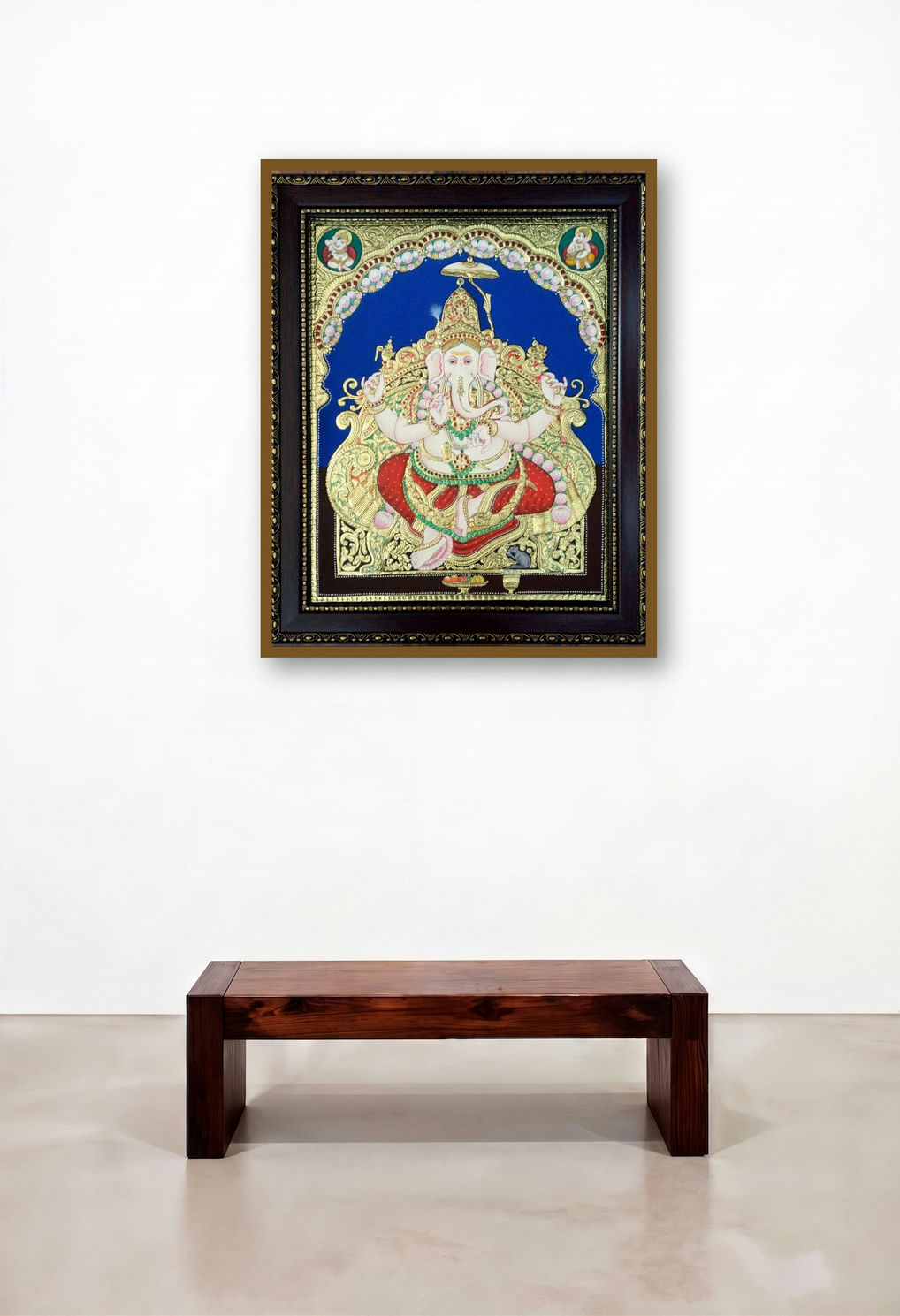 Ganesha Antique Style Tanjore Painting (Lord Ganesha) by artist Vani Vijay displayed in a Mid-Century Modern Library