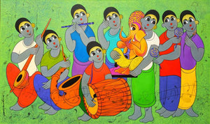 Religious acrylic painting titled 'Ganesha Arrivel', 36x60 inches, by artist Dnyaneshwar Bembade on Canvas