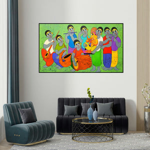 Dnyaneshwar Bembade's 'Ganesha Arrivel (Musical Celebration)' painting visualized above a sofa in a contemporary room.