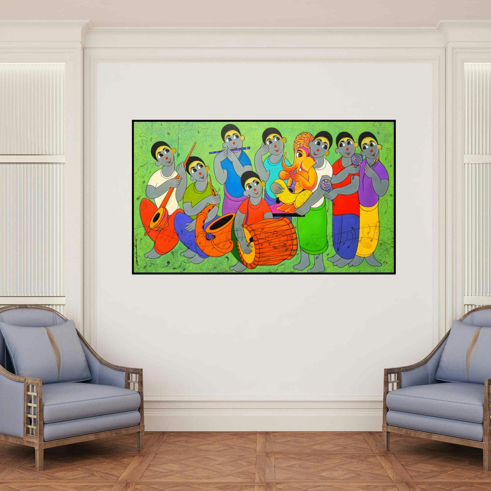 'Ganesha Arrivel (Musical Celebration)' painting by Dnyaneshwar Bembade shown on a wall in a furnished room.