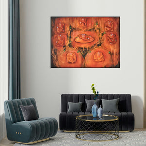 Durshit Bhaskar's 'Ganesha Ashtavinayak (Nine Forms of Ganesha)' painting visualized above a sofa in a contemporary room.