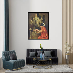 Preview of 'Ganesha Devotion' Painting by Kamal Rao shown on a wall in a furnished room.