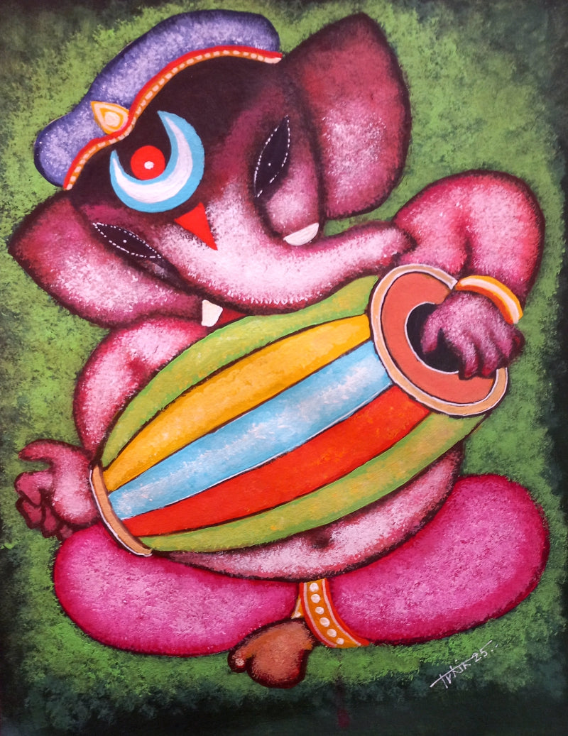 Ganesha With Drum' religious acrylic painting by artist Tuhin Rakshit, 15x11 inch, on acid free paper