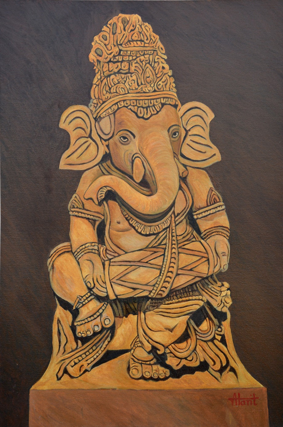 Ganesha With Drums' religious oil painting by artist Ajay Harit, 36x24 inch, on canvas