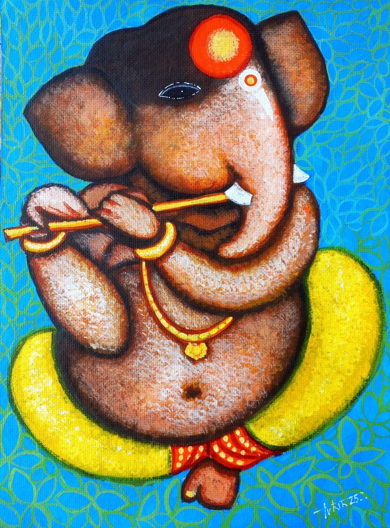 Ganesha With Flute' religious acrylic painting by artist Tuhin Rakshit, 15x11 inch, on acid free paper