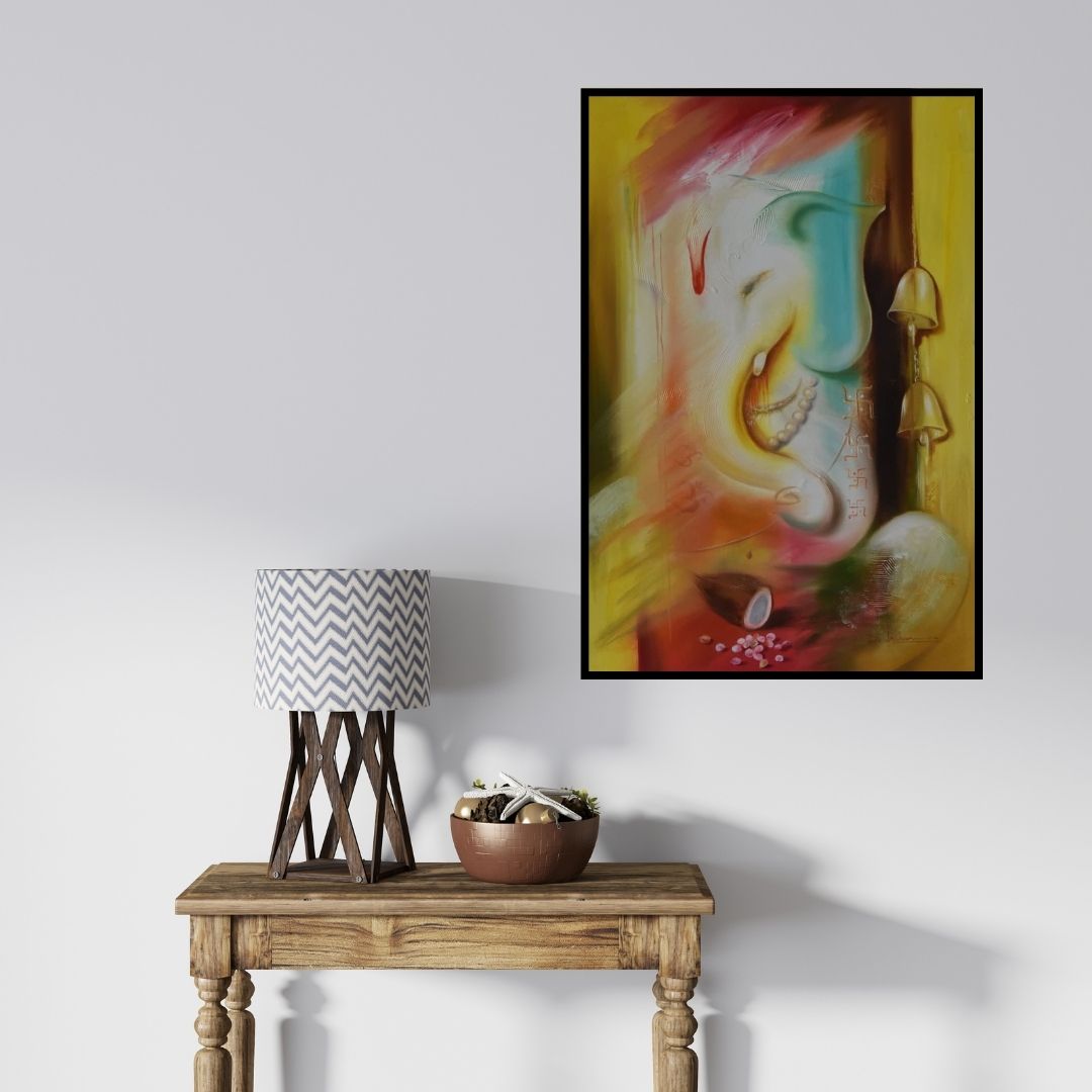 In-situ view of Durshit Bhaskar's 'Ganesha Ganadhyakshina (Ganesha with Bells)' painting in a room