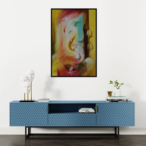 Preview of 'Ganesha Ganadhyakshina (Ganesha with Bells)' Painting by Durshit Bhaskar shown on a wall in a furnished room.