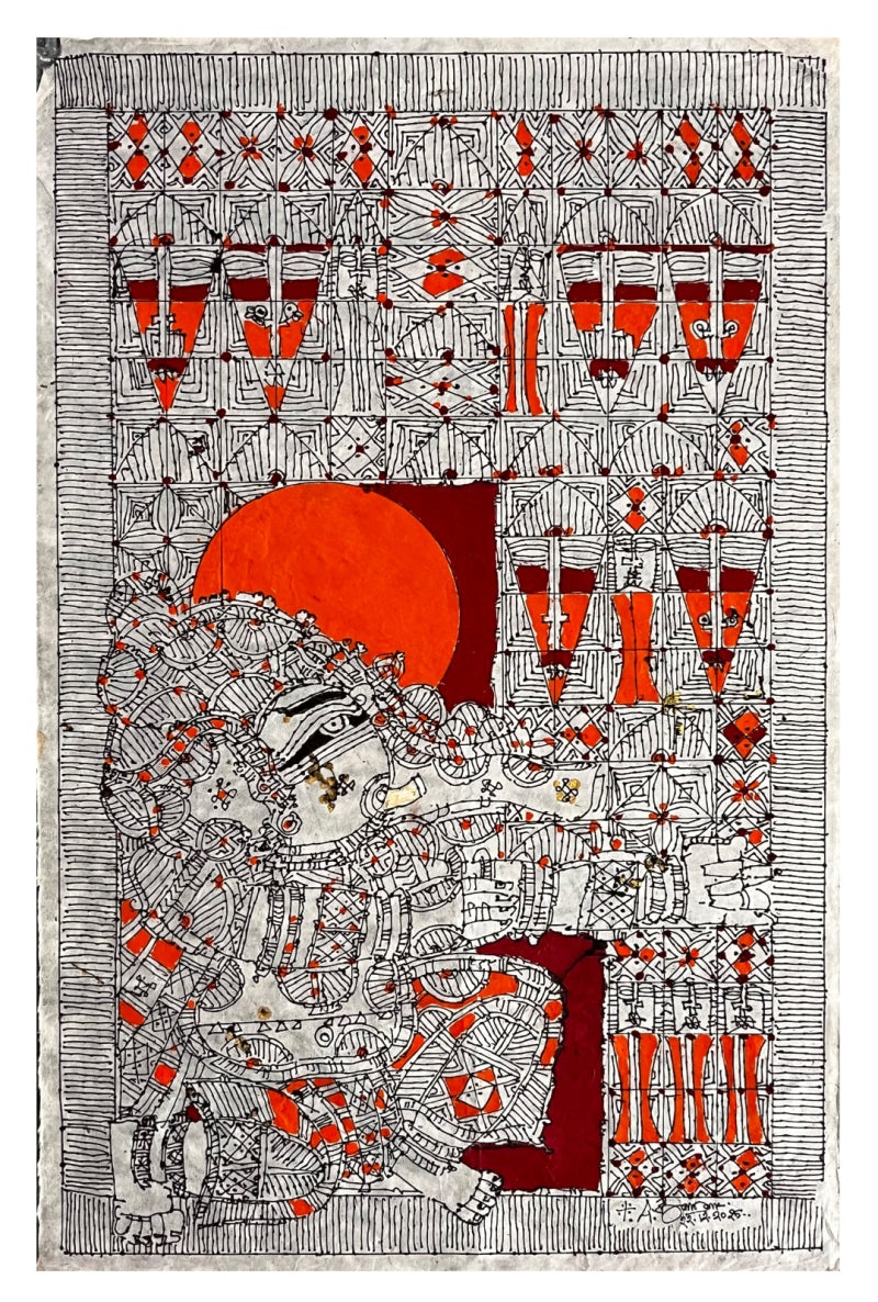 'Ganesha Hunting' religious acrylic painting by artist G Raman, 30x20 inch, on paper