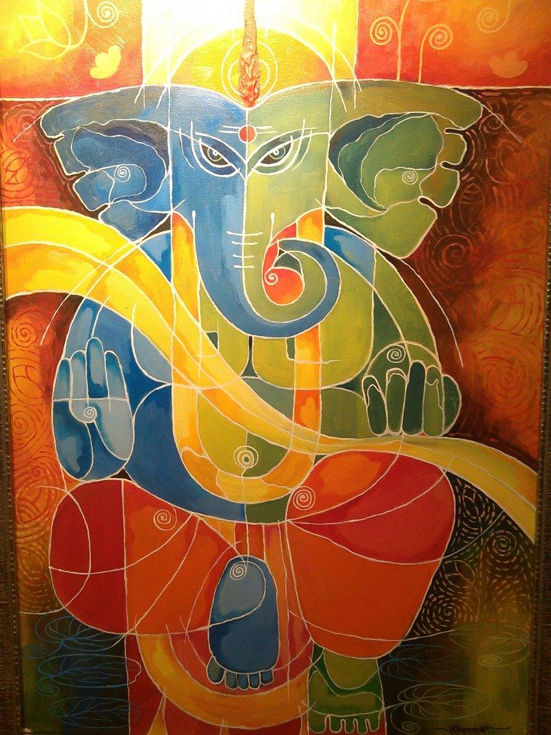 Religious acrylic painting titled 'Ganesha I', 36x24 inches, by artist Pradip Goswami on Canvas